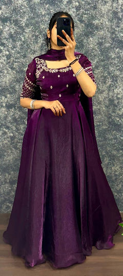 Purple and Violet color Gown in Satin Silk, Tissue fabric with Embroidered work