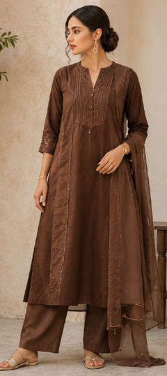 Beige and Brown color Salwar Kameez in Cotton fabric with Thread work