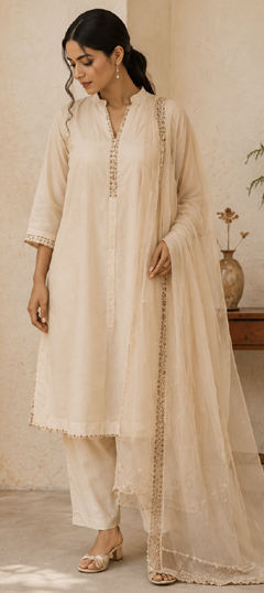 White and Off White color Salwar Kameez in Cotton fabric with Embroidered work