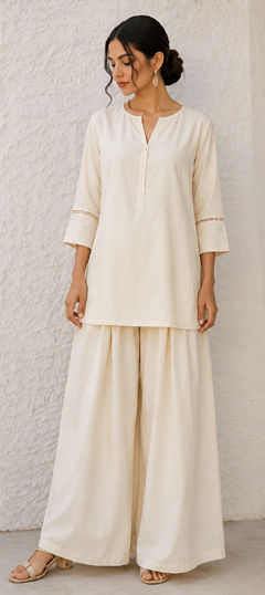 White and Off White color Salwar Kameez in Cotton fabric with Lace work
