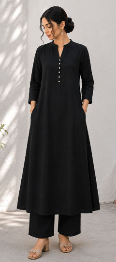 Black and Grey color Salwar Kameez in Cotton fabric with Thread work
