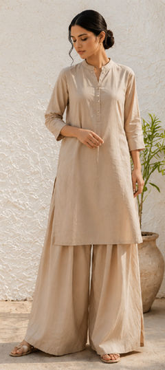 Beige and Brown color Salwar Kameez in Cotton fabric with Thread work