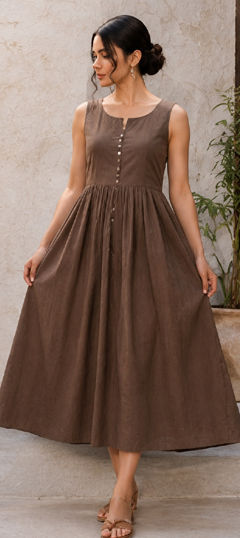 Beige and Brown color Gown in Cotton fabric with Thread work