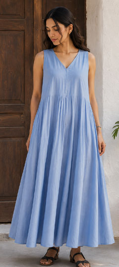 Blue color Gown in Cotton fabric with Thread work