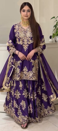 Purple and Violet color Salwar Kameez in Chinon Silk fabric with Sequence, Thread work