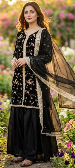 Black and Grey color Salwar Kameez in Tissue fabric with Embroidered, Sequence work