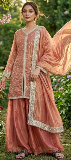 Orange color Salwar Kameez in Tissue fabric with Embroidered, Sequence work