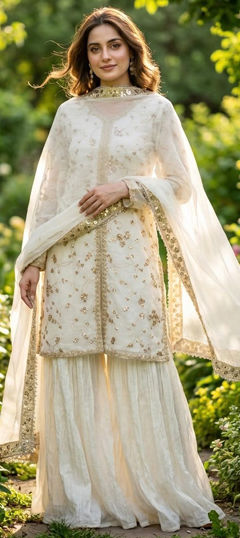 White and Off White color Salwar Kameez in Tissue fabric with Embroidered, Sequence work