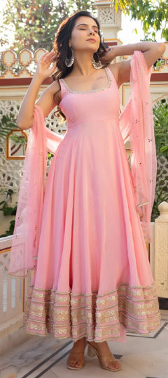 Pink and Majenta color Salwar Kameez in Crepe Silk fabric with Lace, Mirror, Moti, Thread work
