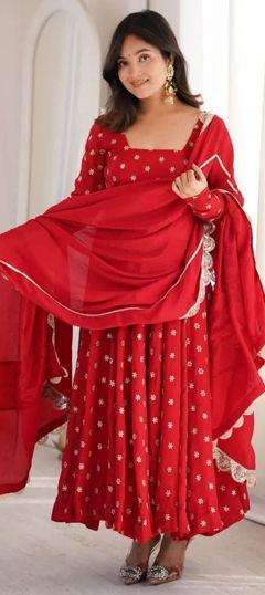 Red and Maroon color Salwar Kameez in Chinon Silk fabric with Sequence, Thread work