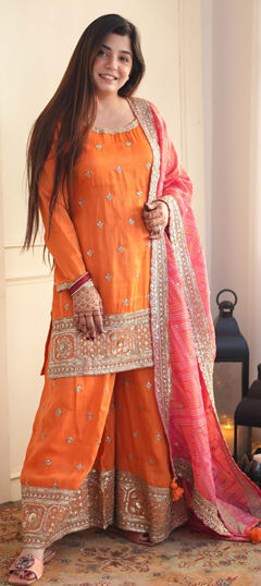 Orange color Salwar Kameez in Chinon Silk fabric with Sequence, Thread work