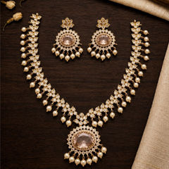 Gold Rodium Polish White and Off White color Necklace in Metal Alloy studded with Austrian diamond