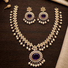 Gold Rodium Polish Purple and Violet color Necklace in Metal Alloy studded with Austrian diamond