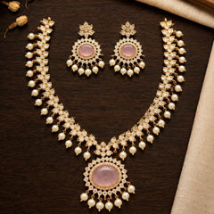 Gold Rodium Polish Pink and Majenta color Necklace in Metal Alloy studded with Austrian diamond