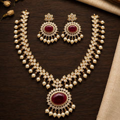 Gold Rodium Polish Red and Maroon color Necklace in Metal Alloy studded with Austrian diamond