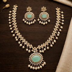 Gold Rodium Polish Blue color Necklace in Metal Alloy studded with Austrian diamond