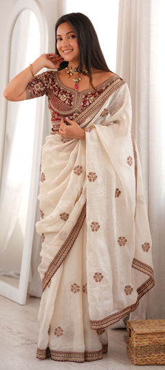 White and Off White color Saree in Tissue fabric with Embroidered, Sequence work
