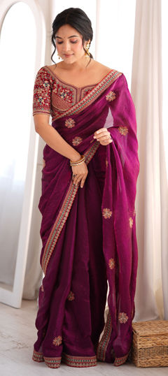 Purple and Violet color Saree in Tissue fabric with Embroidered, Sequence work