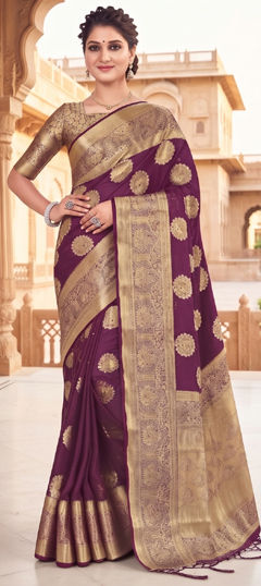 Purple and Violet color Saree in Viscose fabric with Weaving, Zari work