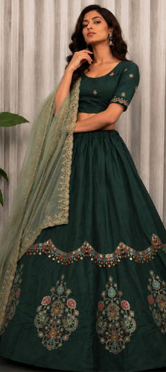 Green color Ready to Wear Lehenga in Roman Silk fabric with Embroidered, Mirror, Sequence, Thread work