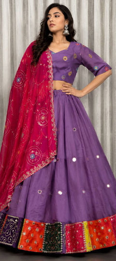Purple and Violet color Ready to Wear Lehenga in Roman Silk fabric with Embroidered, Mirror, Sequence, Thread work