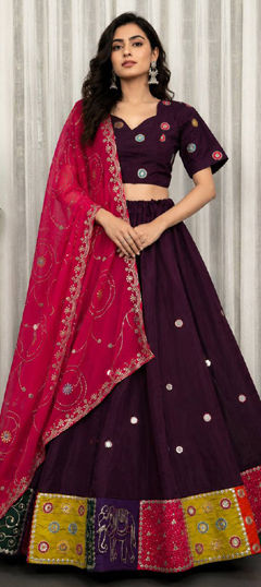 Purple and Violet color Ready to Wear Lehenga in Roman Silk fabric with Embroidered, Mirror, Sequence, Thread work