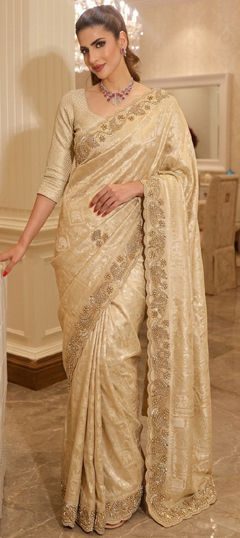 White and Off White color Saree in Kanjeevaram Silk fabric with Bugle Beads, Cut Dana, Embroidered, Sequence work