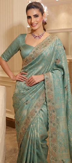Blue color Saree in Kanjeevaram Silk fabric with Bugle Beads, Cut Dana, Embroidered, Sequence work
