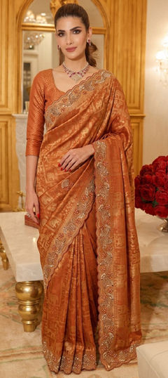 Orange color Saree in Kanjeevaram Silk fabric with Bugle Beads, Cut Dana, Embroidered, Sequence work