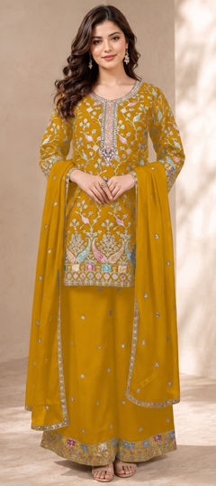 Yellow color Salwar Kameez in Chinon Silk fabric with Embroidered work