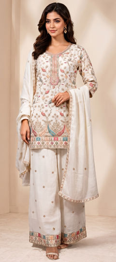 White and Off White color Salwar Kameez in Chinon Silk fabric with Embroidered work