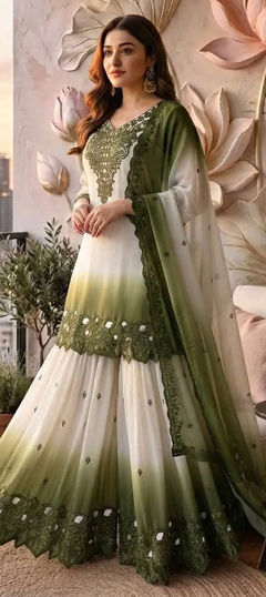 Green, White and Off White color Salwar Kameez in Georgette fabric with Embroidered work