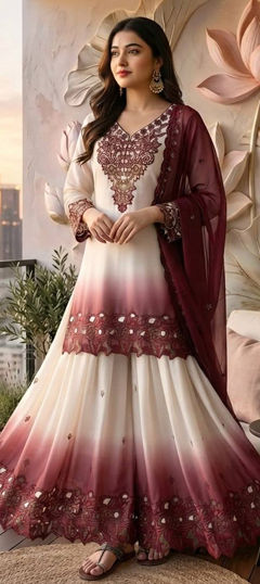 Purple and Violet, White and Off White color Salwar Kameez in Georgette fabric with Embroidered work