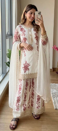 White and Off White color Salwar Kameez in Georgette fabric with Embroidered work