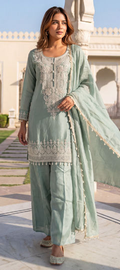 Green color Salwar Kameez in Tissue fabric with Embroidered work