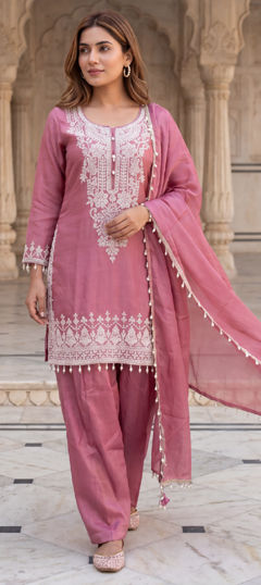 Pink and Majenta color Salwar Kameez in Tissue fabric with Embroidered work