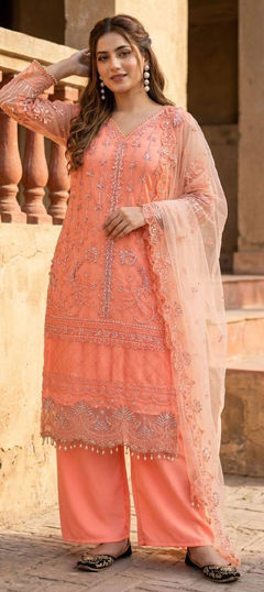 Orange color Salwar Kameez in Net fabric with Embroidered, Sequence work