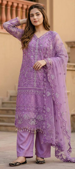 Purple and Violet color Salwar Kameez in Net fabric with Embroidered, Sequence work