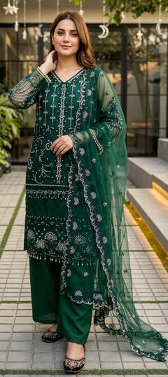 Green color Salwar Kameez in Net fabric with Embroidered, Sequence work