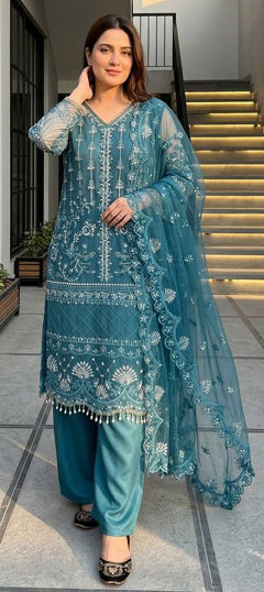 Blue color Salwar Kameez in Net fabric with Embroidered, Sequence work