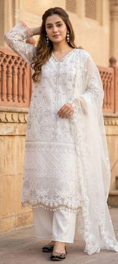White and Off White color Salwar Kameez in Net fabric with Embroidered, Sequence work