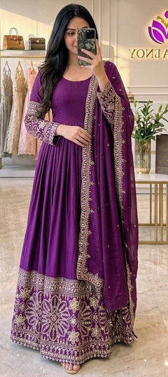 Purple and Violet color Salwar Kameez in Chinon Silk fabric with Embroidered, Sequence work