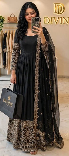 Black and Grey color Salwar Kameez in Chinon Silk fabric with Embroidered, Sequence work