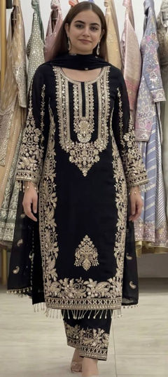 Black and Grey color Salwar Kameez in Faux Georgette fabric with Embroidered work
