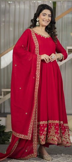 Red and Maroon color Salwar Kameez in Crushed Silk fabric with Embroidered, Sequence work