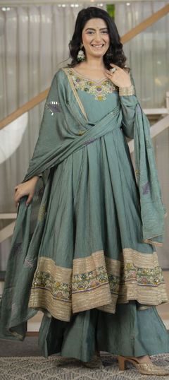 Blue color Salwar Kameez in Crushed Silk fabric with Embroidered, Sequence work