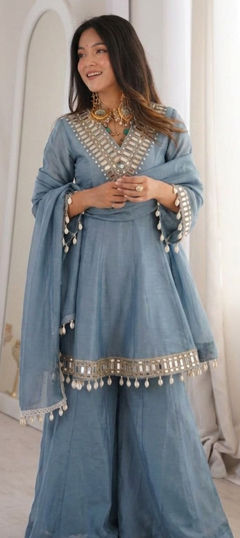 Blue color Salwar Kameez in Chinon Silk fabric with Mirror work