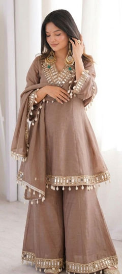 Beige and Brown color Salwar Kameez in Chinon Silk fabric with Mirror work
