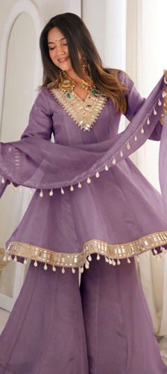 Purple and Violet color Salwar Kameez in Chinon Silk fabric with Mirror work