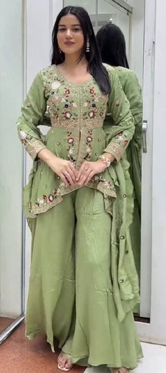 Green color Salwar Kameez in Silk fabric with Embroidered, Sequence work